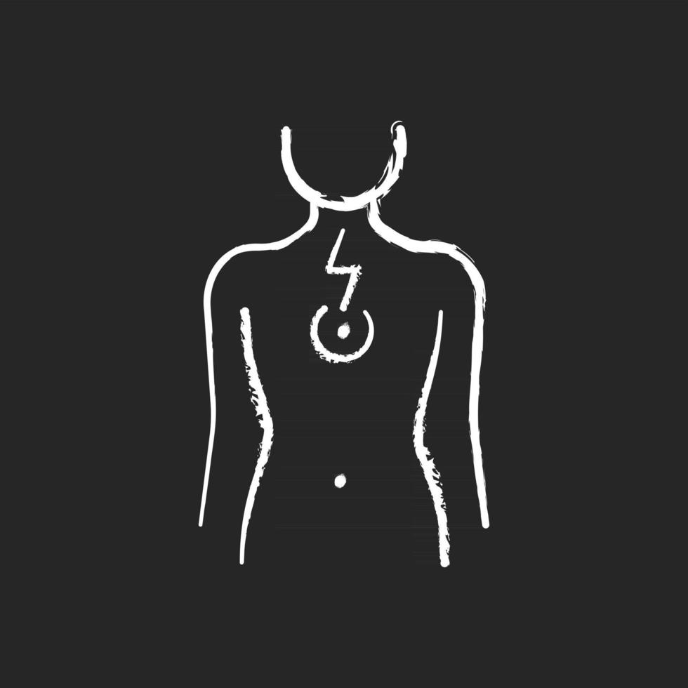 Chest pain chalk white icon on black background. Affecting lungs and heart. Poor posture consequence. Problems in breathing patterns. Muscle tightness. Isolated vector chalkboard illustration