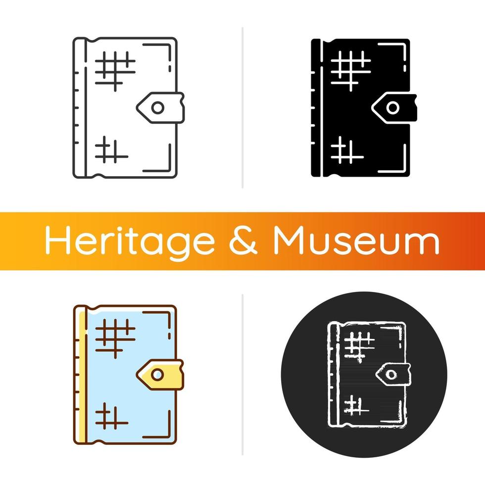 Ancient book icon. Old religious texts. Storing thoughts, theories, observations. Oldest survived book with poems and tales. Linear black and RGB color styles. Isolated vector illustrations