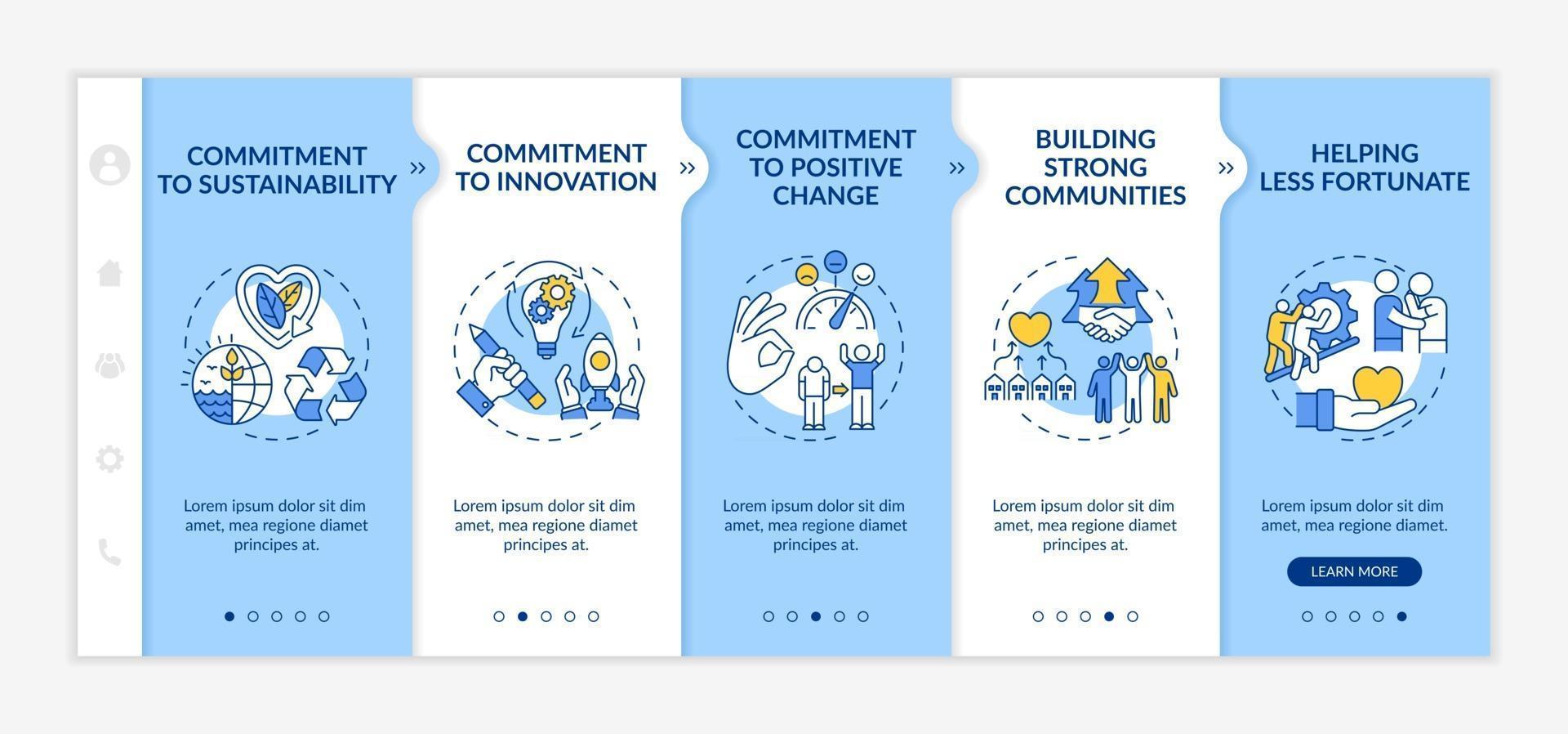 Organizational core values onboarding vector template. Responsive mobile website with icons. Web page walkthrough 5 step screens. Commitment to sustainability color concept with linear illustrations