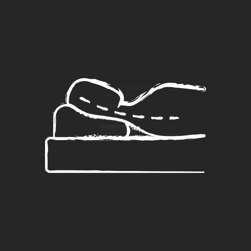 Sleeping with head elevated chalk white icon on black background. Worsening chronic neck pain and stiffness. Scoliosis. Incorrect sleeping position. Isolated vector chalkboard illustration