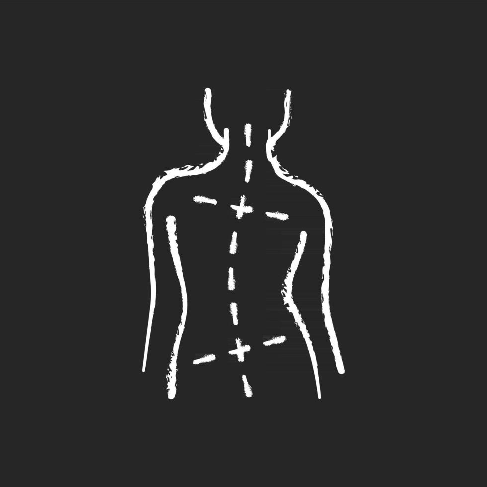 Uneven hips and shoulders chalk white icon on black background. Abnormal curve in spine. Worsening scoliosis. Bad posture. Difference in leg length. Isolated vector chalkboard illustration