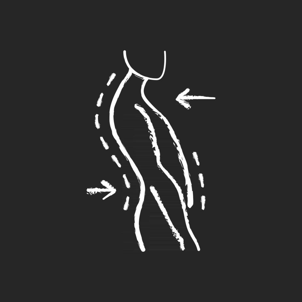 Postura swayback icono de tiza blanca sobre fondo negro. trastorno de la curvatura de la columna vertebral. postura pobre. deformidad postural. movimiento de la columna torácica hacia atrás. ilustración de pizarra de vector aislado