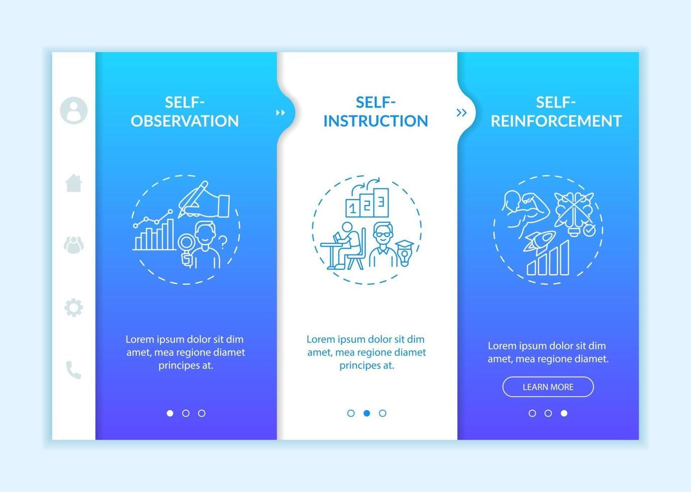 Self-control techniques onboarding vector template. Responsive mobile website with icons. Web page walkthrough 3 step screens. Self regulation strategy color concept with linear illustrations