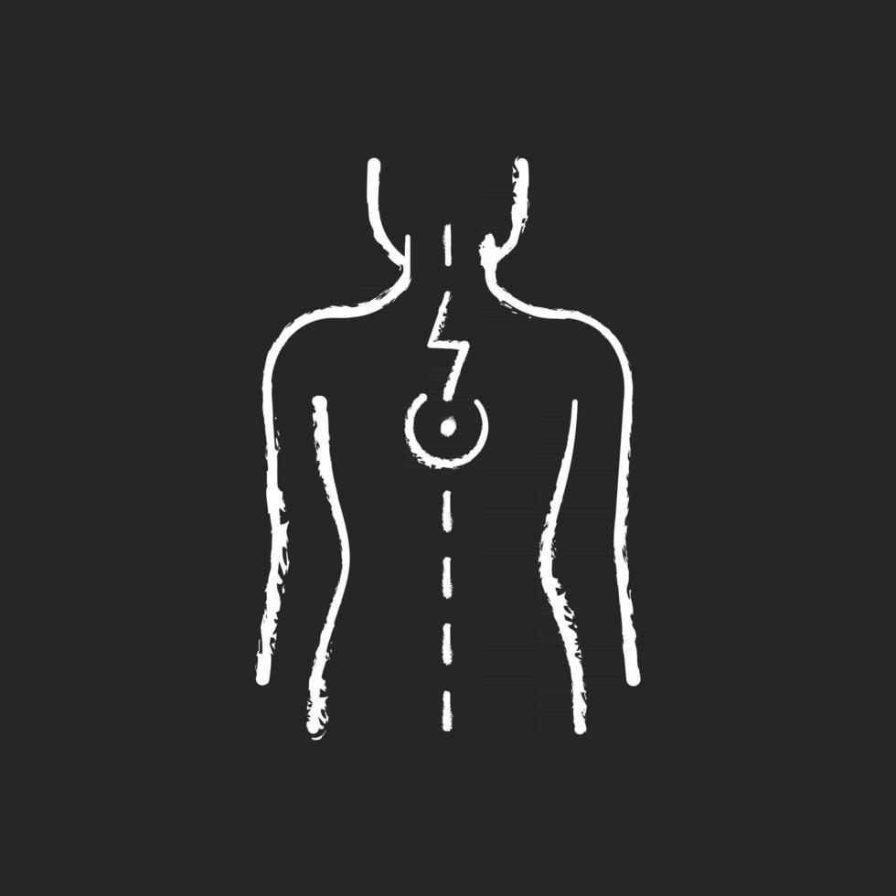 Pressure on spinal nerves chalk white icon on black background. Muscle spasms. Pain between shoulder blades. Numbness, tingling. Damage to spinal cord. Isolated vector chalkboard illustration