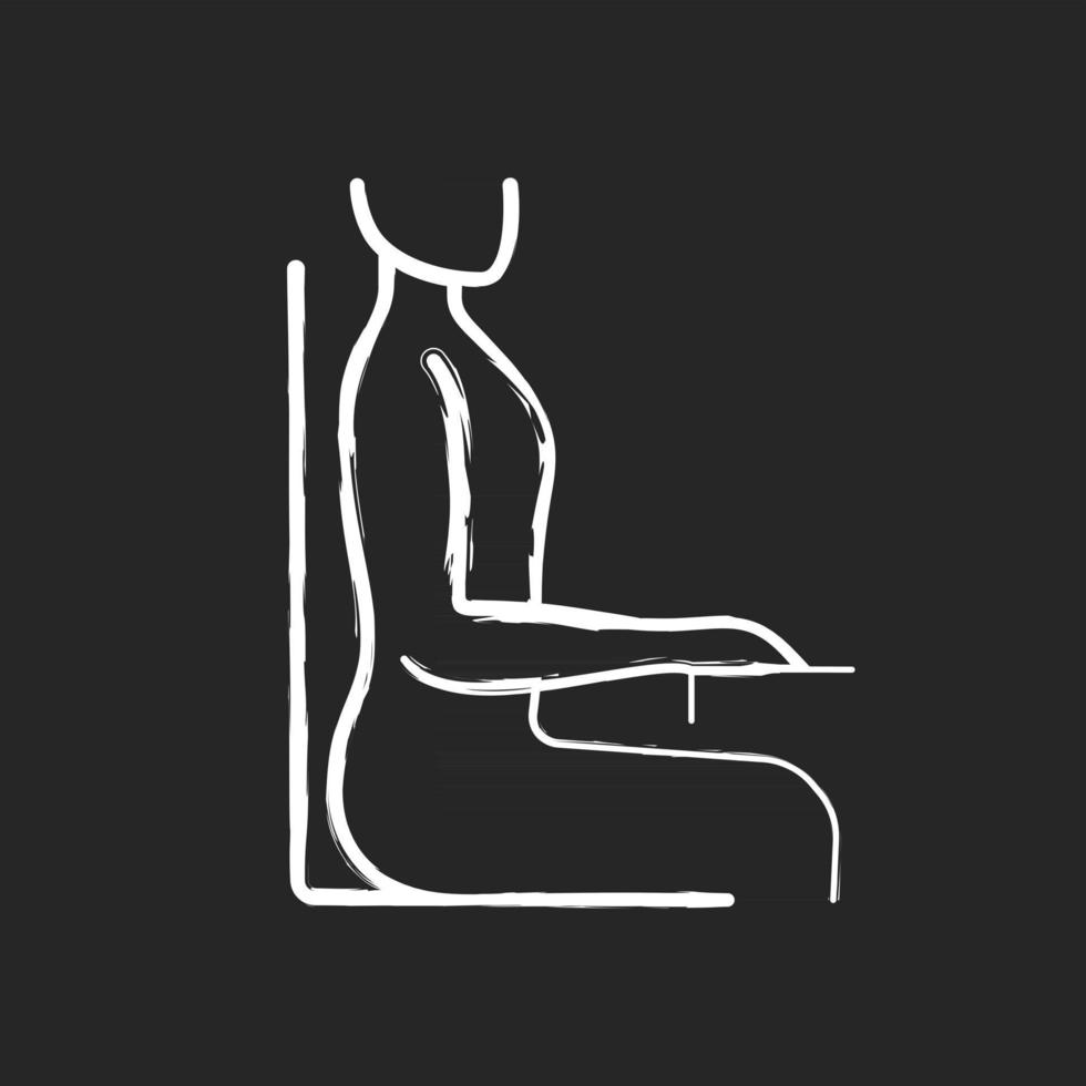 Upright sitting posture chalk white icon on black background. Sitting at desk correctly. Back straight and shoulders back. Body in perfect alignment. Isolated vector chalkboard illustration