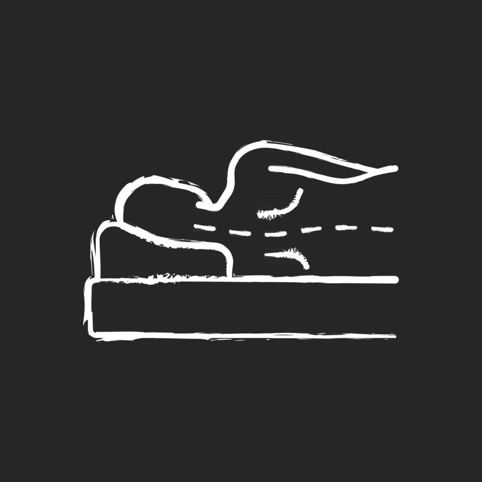 Incorrect sleeping position chalk white icon on black background. Unnatural, unnecessary curves in spine. Putting pressure on nerves. Stress on spine. Isolated vector chalkboard illustration