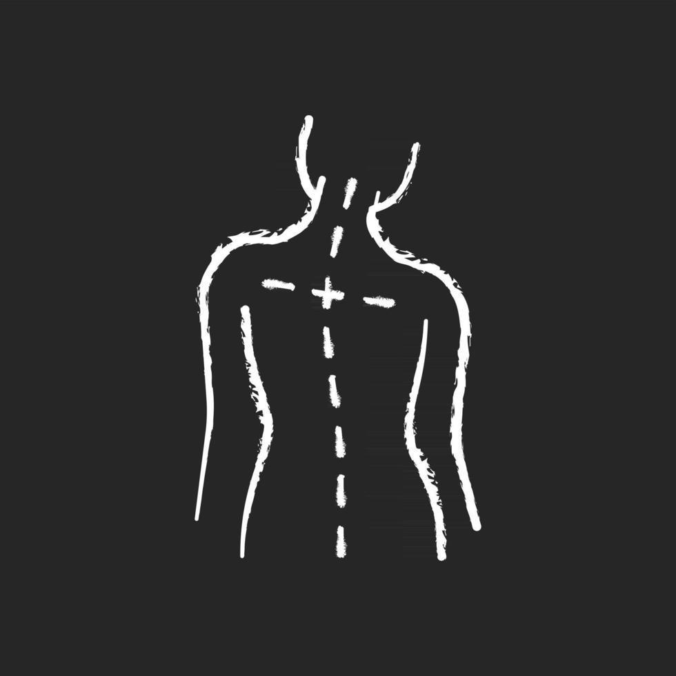 Uneven shoulders chalk white icon on black background. Postural change. Difficulty walking. Back pain. Skeletal imbalances in body. Asymmetrical alignment. Isolated vector chalkboard illustration