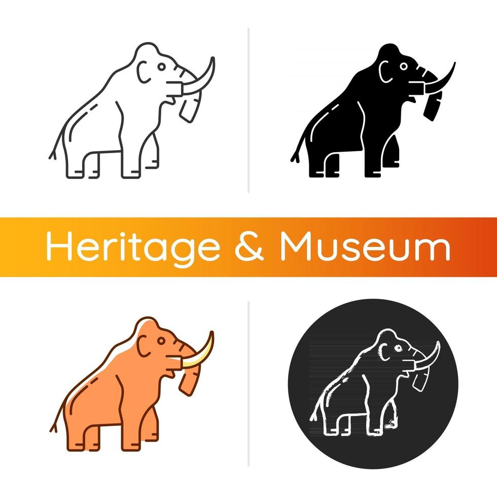 Mammoth skeleton icon. Trunked mammal. Paleontological excavation. Elephant-like bones. Museum exhibit. Large proboscidean. Linear black and RGB color styles. Isolated vector illustrations