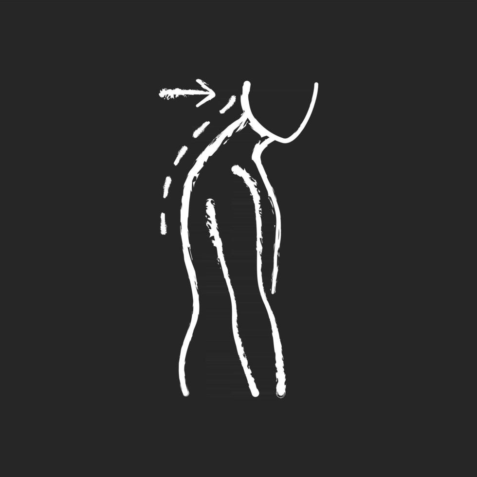 Slouching chalk white icon on black background. Poor posture. Forward head. Body looking down. Walking incorrectly. Muscles in neck, shoulders disruption. Isolated vector chalkboard illustration