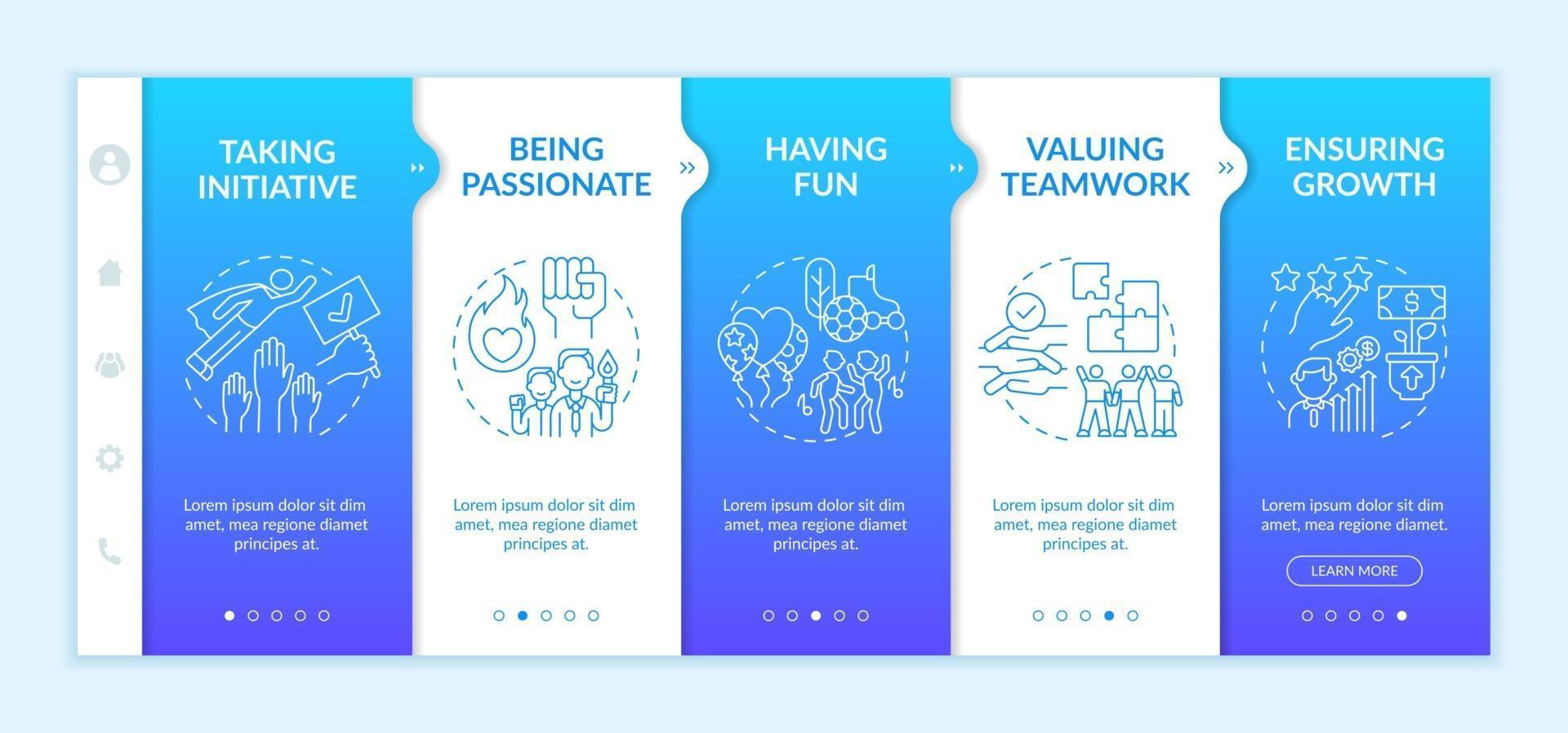 Basic organizational core values onboarding vector template. Responsive mobile website with icons. Web page walkthrough 5 step screens. Valuing teamwork color concept with linear illustrations