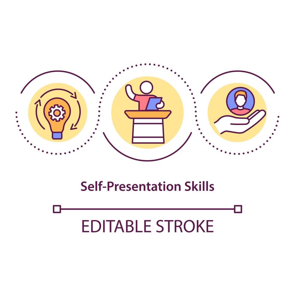 Self presentation skills concept icon. Promotion, public speaking. Successful personal branding idea thin line illustration. Vector isolated outline RGB color drawing. Editable stroke