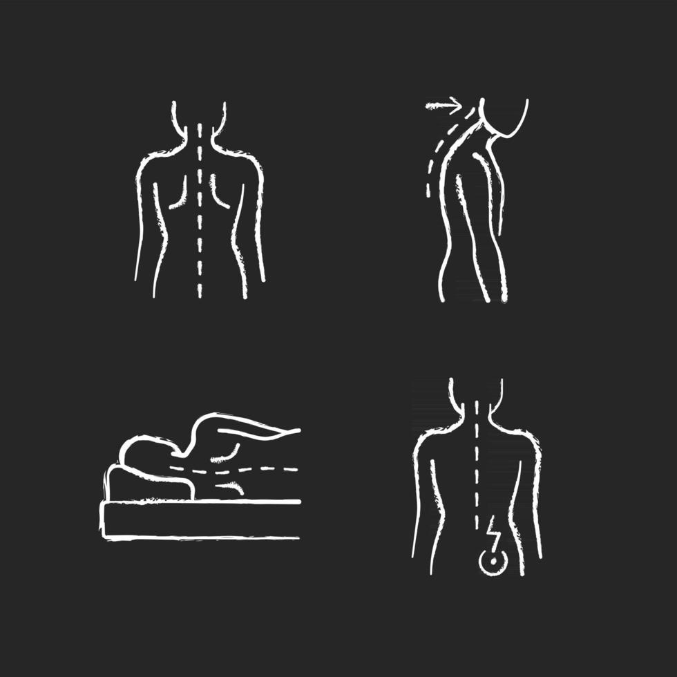 Poor posture problems chalk white icons set on black background. Normal spine. Slouching. Side-lying sleeping position. Hip pain. Good spinal anatomy. Isolated vector chalkboard illustrations