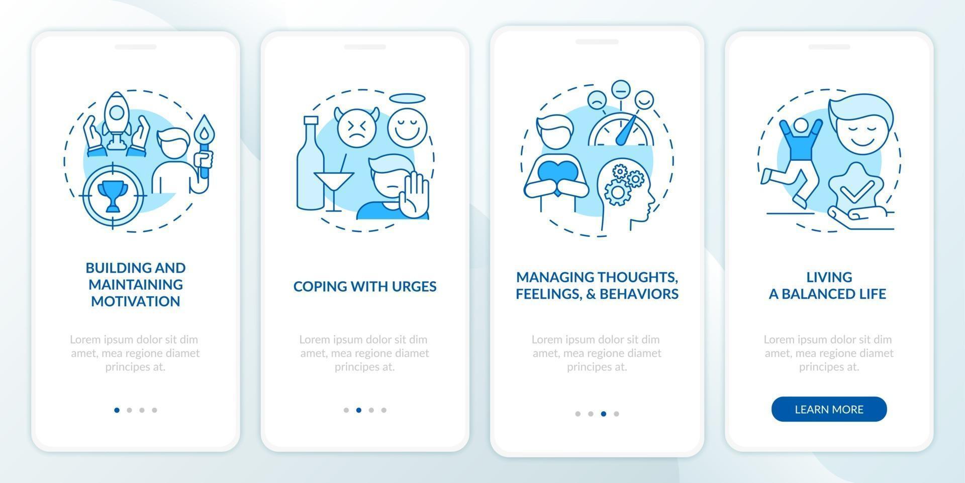 Addiction recovery steps methods onboarding mobile app page screen with concepts vector
