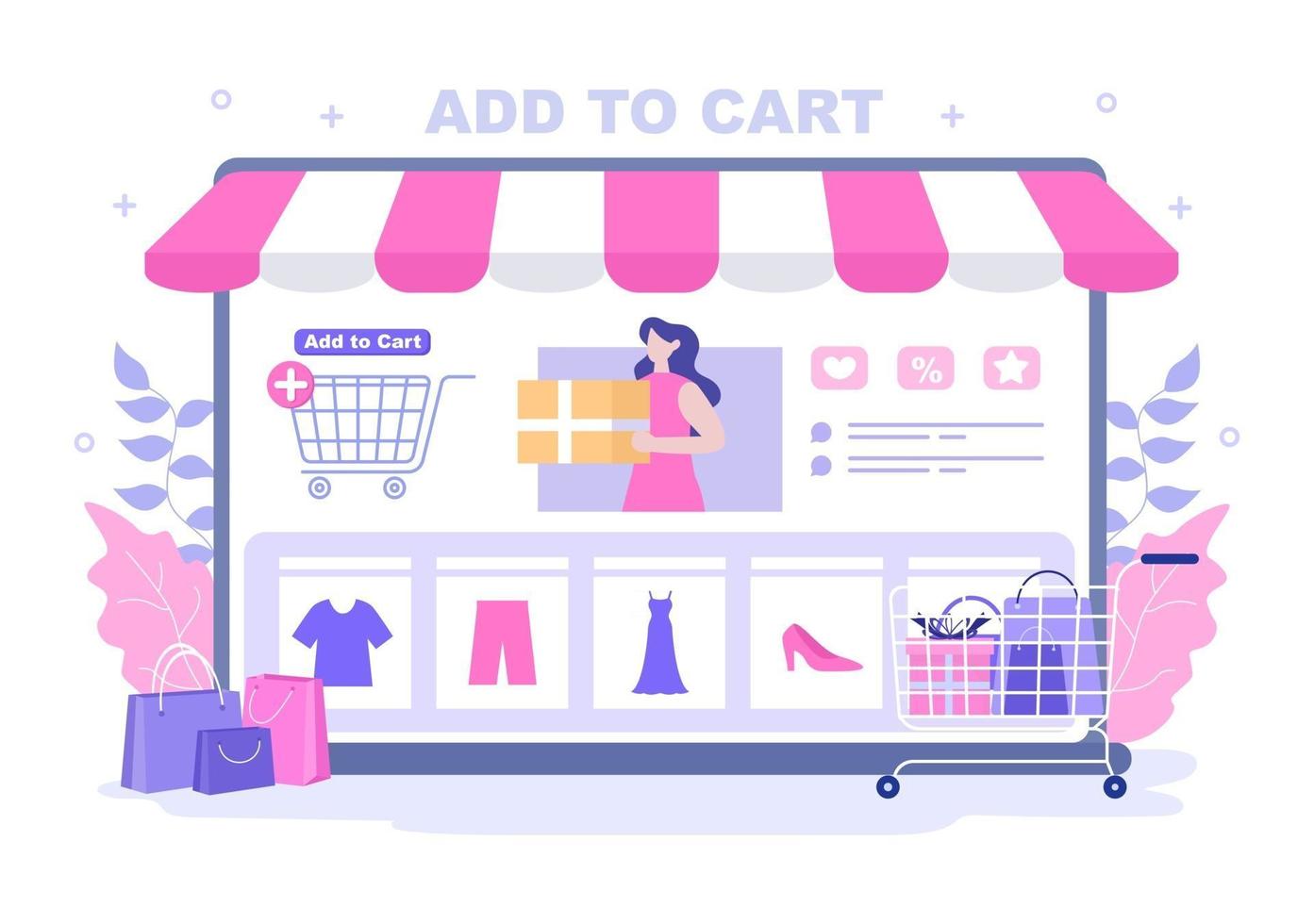 Agregar al carrito ilustración vectorial que contiene productos de lista, imágenes del carrito y artículos de compra. vector