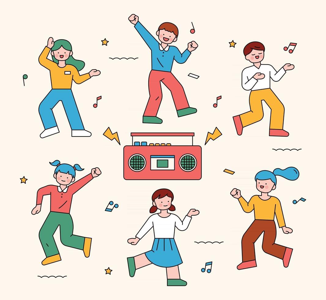 los niños bailan con la radio en el centro. esquema simple ilustración vectorial. vector