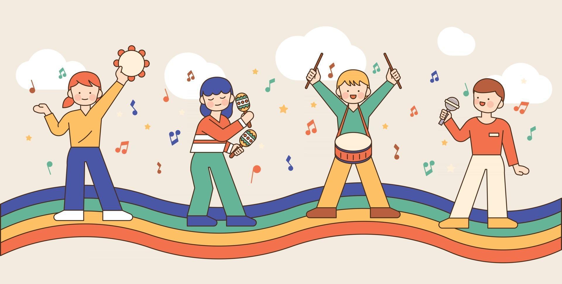 los niños lindos están tocando instrumentos musicales en el arco iris. esquema simple ilustración vectorial. vector