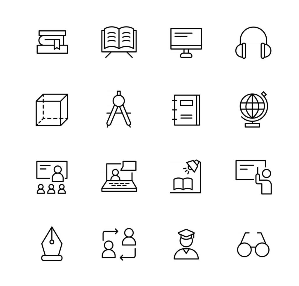 conjunto de iconos de contorno negro. diseño de pictogramas de educación. esquema simple ilustración vectorial. vector