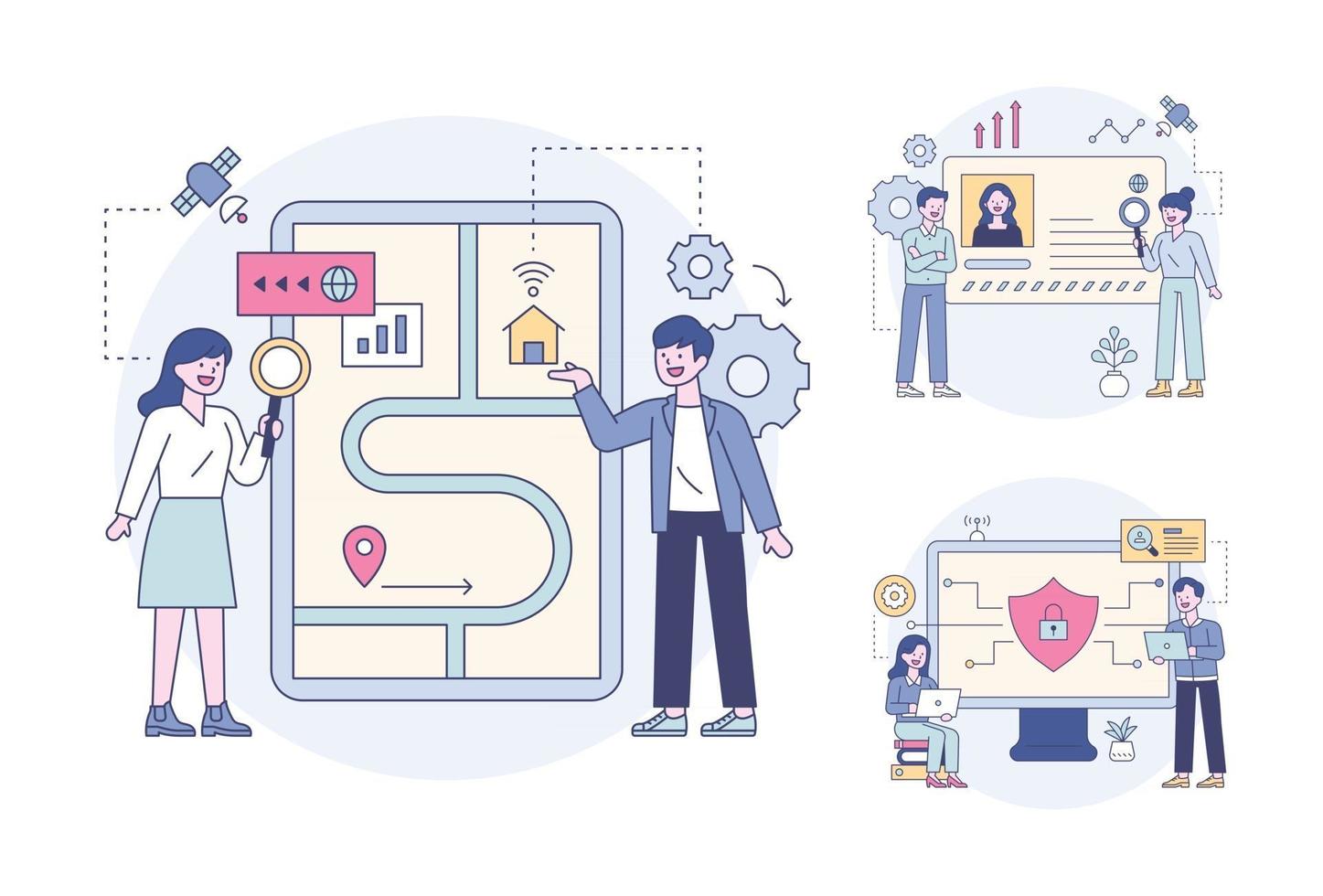 Business professionals are finding a way, recruiting applicants and checking security. flat design style minimal vector illustration.