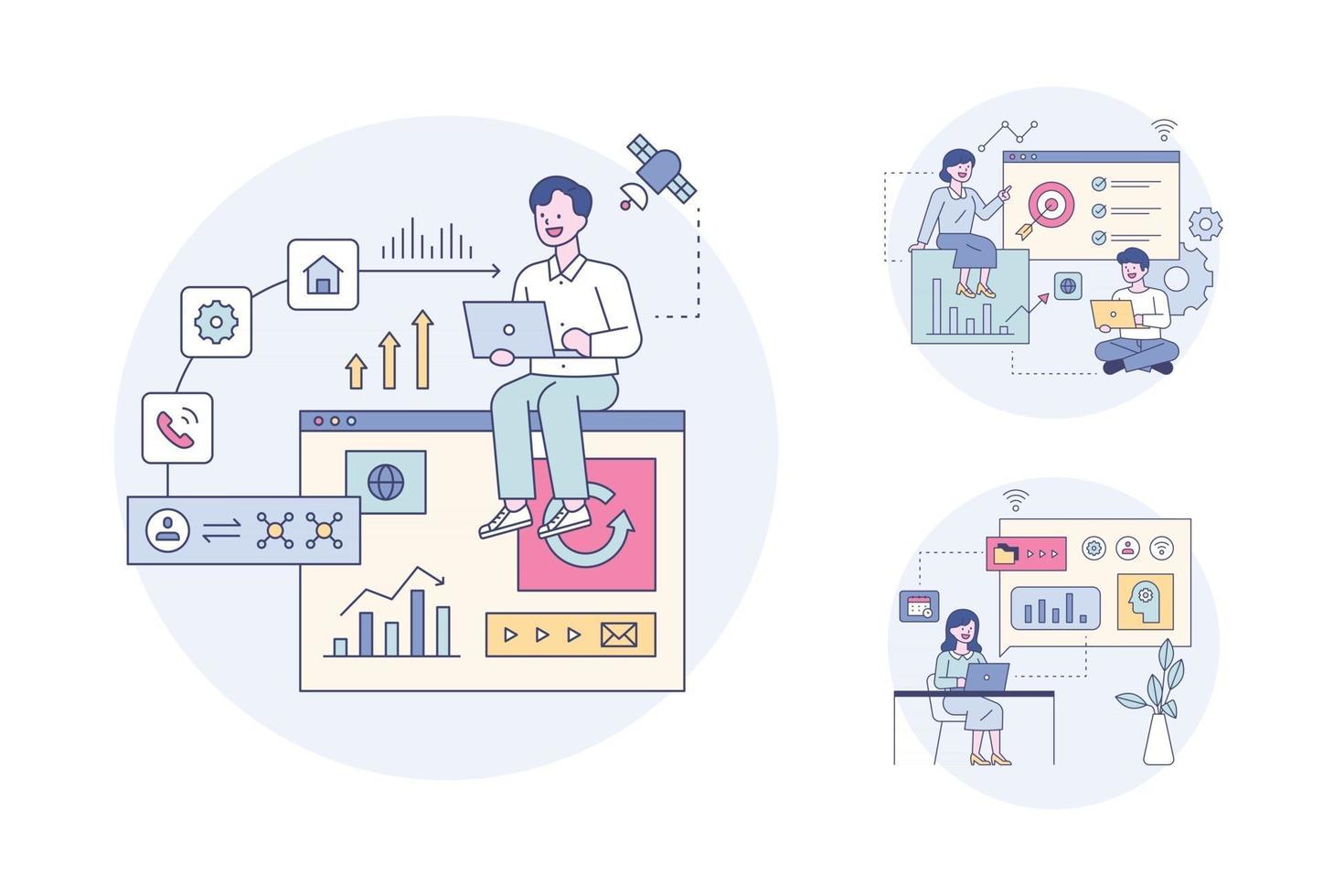 Business professionals are sitting on a web page and analyzing data. flat design style minimal vector illustration.