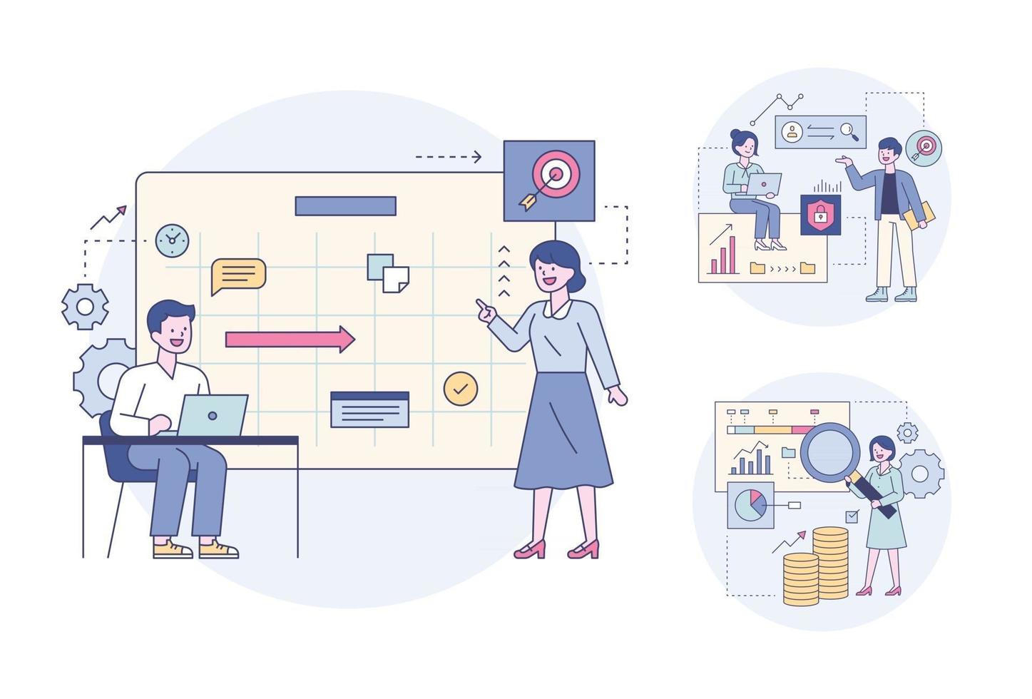 Business professionals looking at a large board, setting goals and analyzing data. flat design style minimal vector illustration.