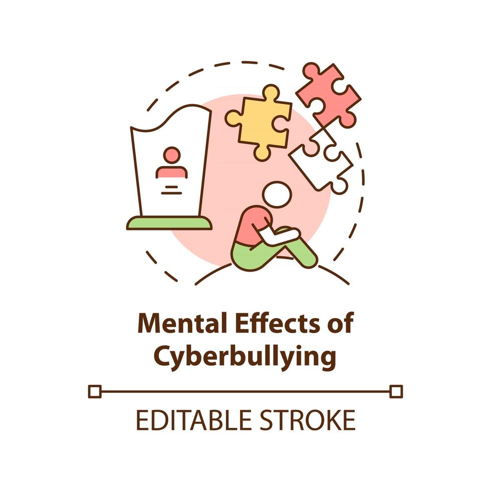 Mental cyberbullying effects concept icon. Negative consequences idea thin line illustration. Anxiety and depression. Behavioral issues. Vector isolated outline RGB color drawing. Editable stroke