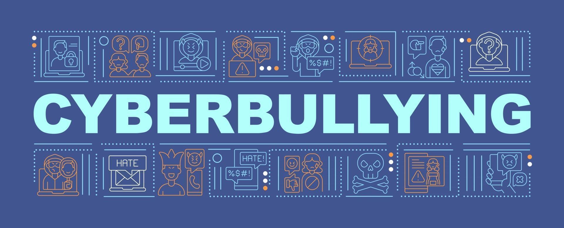 Cyberbullying word concepts banner. Harassing people through Internet. Cyber humiliation. Infographics with linear icons on blue background. Isolated typography. Vector outline RGB color illustration