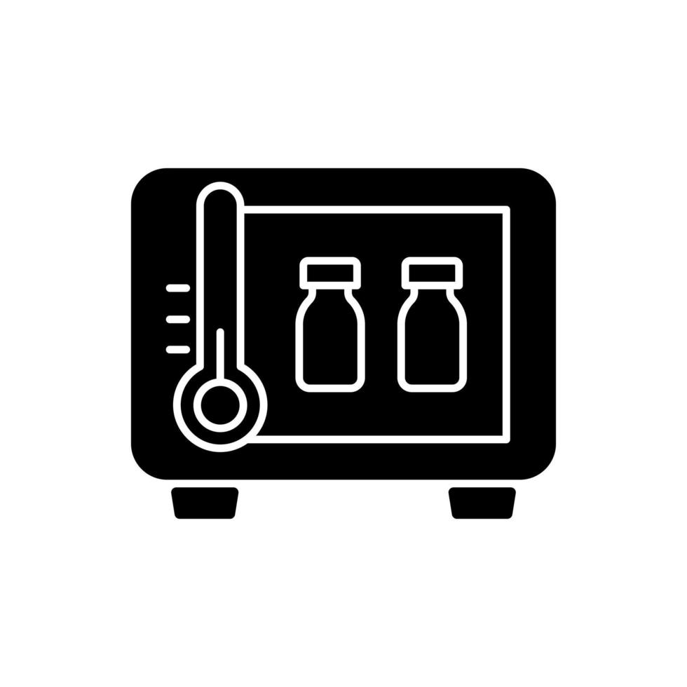 Vaccine storage black glyph icon. Refrigerator with drug vials. Storing pharmaceutical supplies. Cooler with medical bottles. Silhouette symbol on white space. Vector isolated illustration