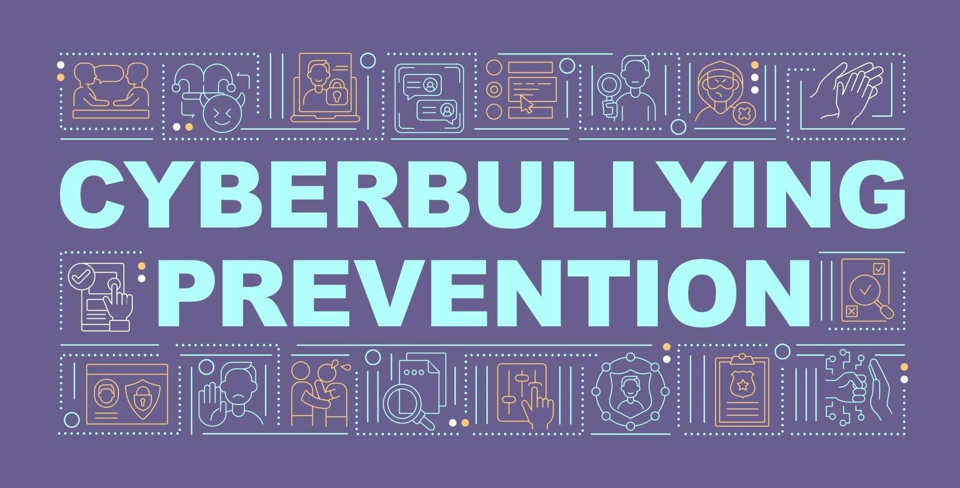 Cyberbullying prevention word concepts banner. Accounts security. Global awareness. Infographics with linear icons on purple background. Isolated typography. Vector outline RGB color illustration