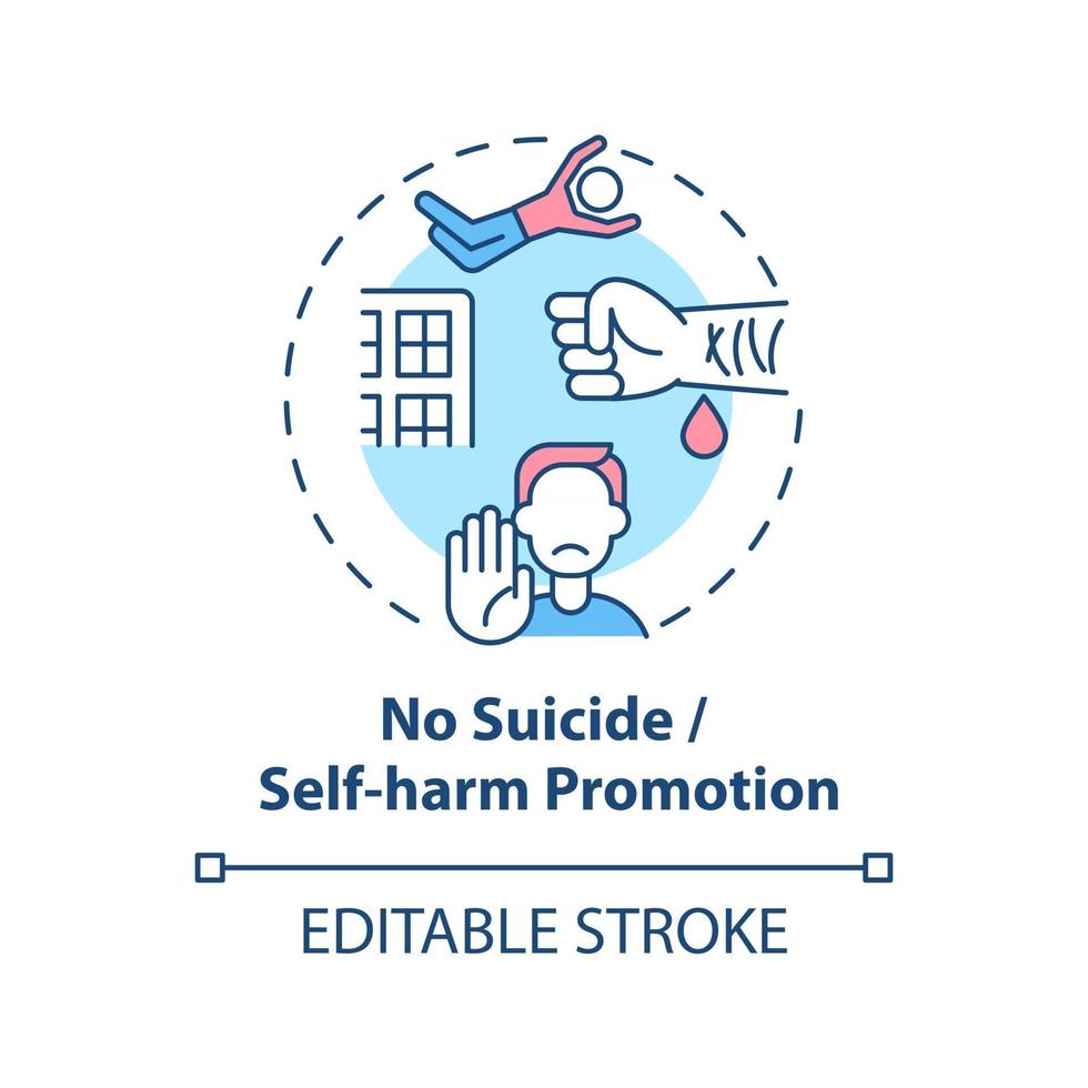 No suicide and self-harm promotion concept icon. Social media safety idea thin line illustration. Reducing harm-advocating online content. Vector isolated outline RGB color drawing. Editable stroke