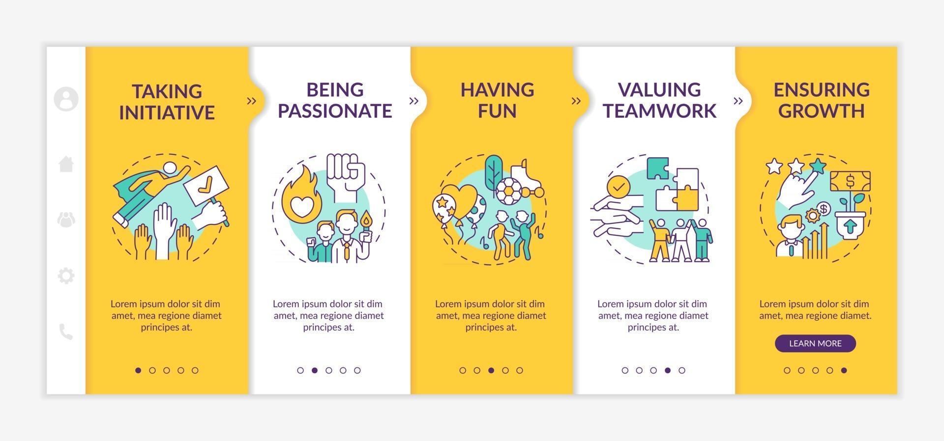 Basic organizational core values onboarding vector template. Responsive mobile website with icons. Web page walkthrough 5 step screens. Having fun, passion color concept with linear illustrations