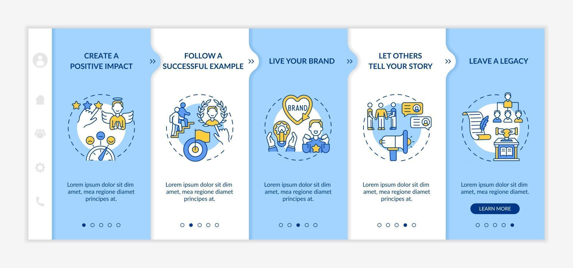 Personal brand rules onboarding vector template. Responsive mobile website with icons. Web page walkthrough 5 step screens. Building authority color concept with linear illustrations