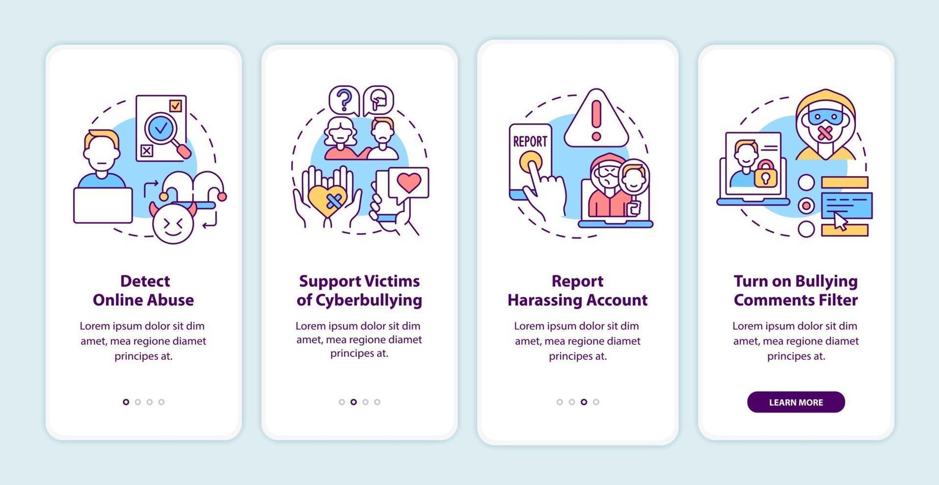 Cyberbullying prevention steps onboarding mobile app page screen with concepts. Detection, report walkthrough 4 steps graphic instructions. UI, UX, GUI vector template with linear color illustrations