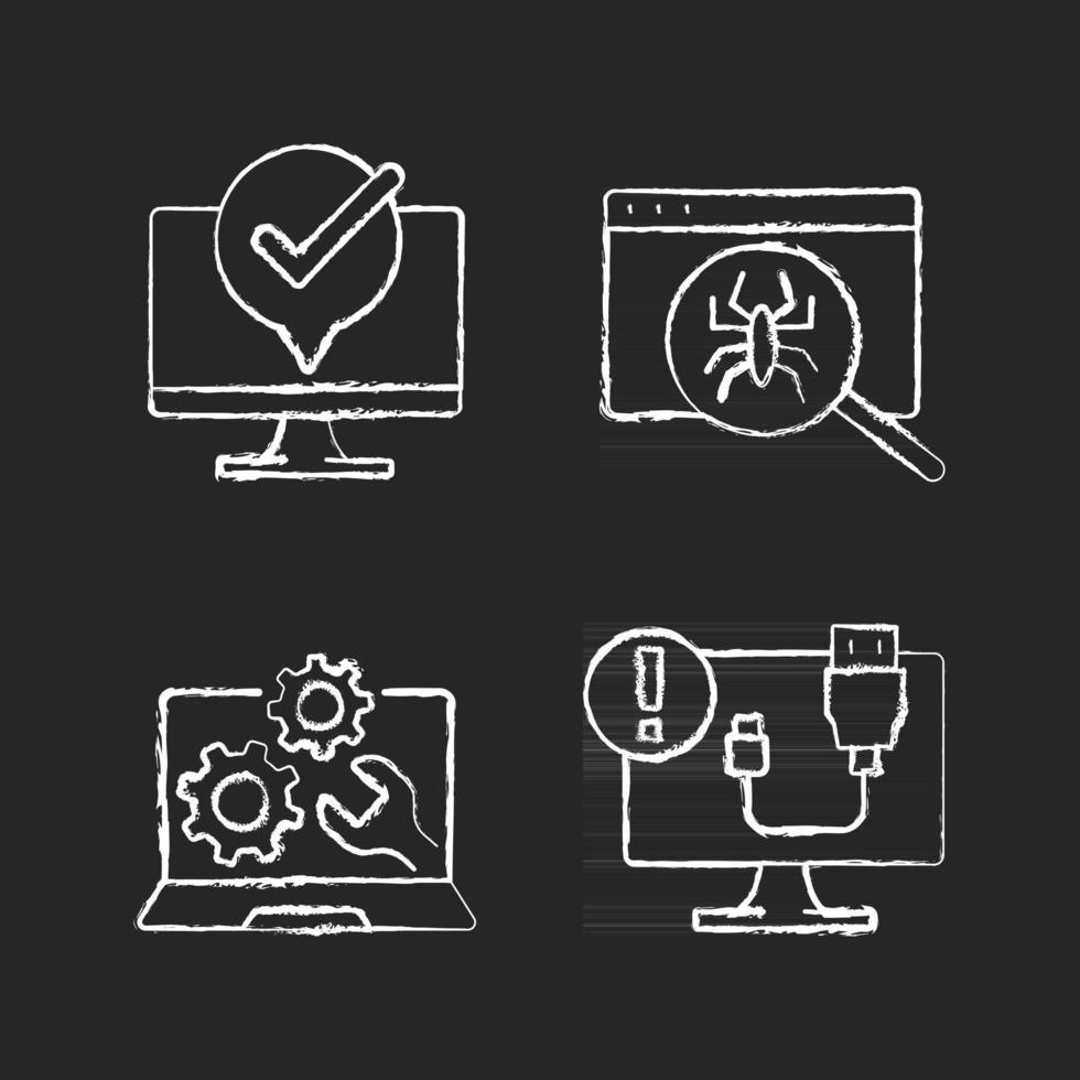 Computer diagnostics chalk white icons set on black background. Laptop maintenance. Virus search. USB cable disconnect. Technical support, repair service. Isolated vector chalkboard illustrations