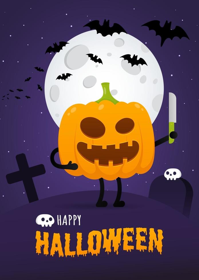 Happy halloween poster with pumpkin scary face expression grimace vector