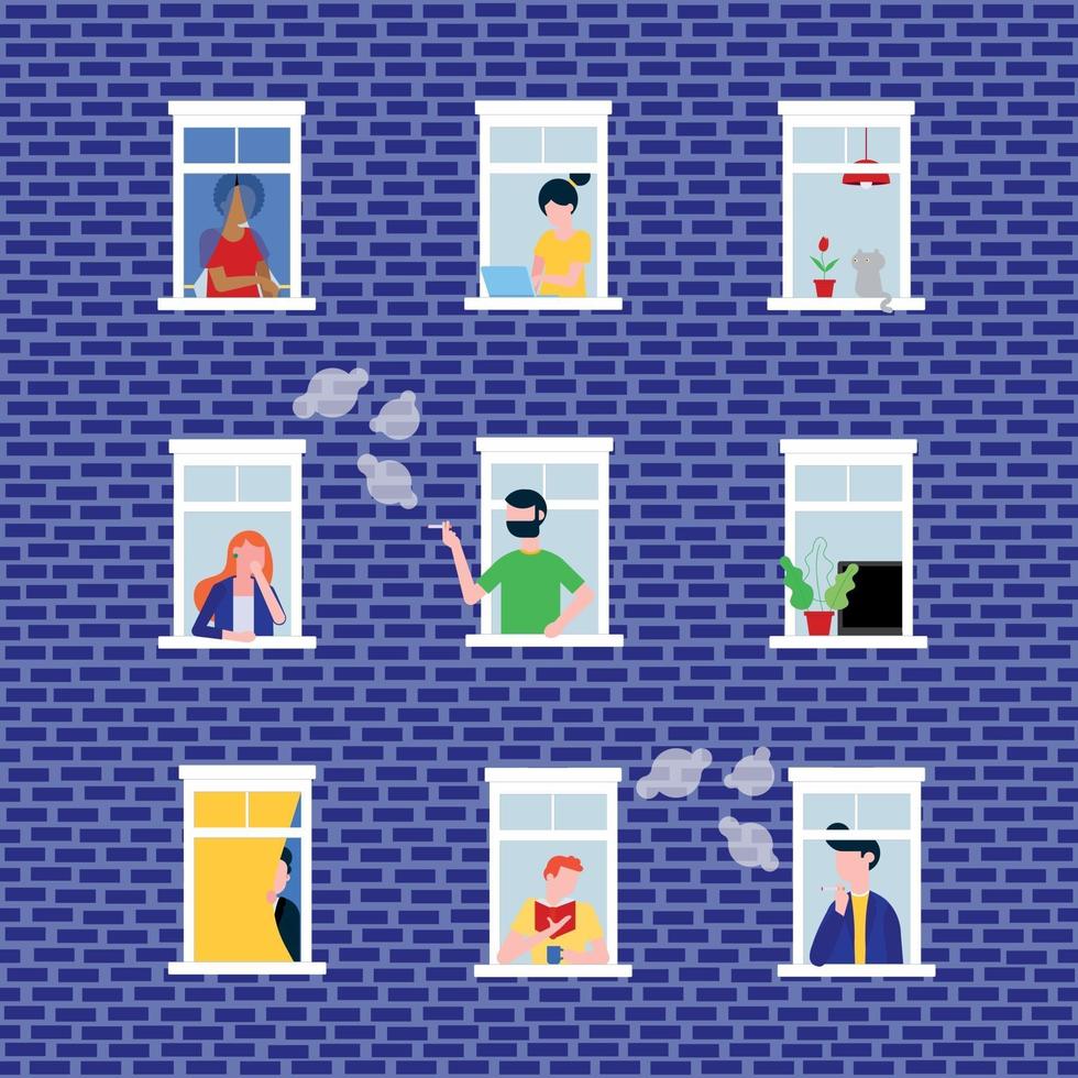 Various people in their windows behind brick wall characters flat style vector illustration. Neighbors as is that living in  apartments and do their deeds near windowsill seamless pattern