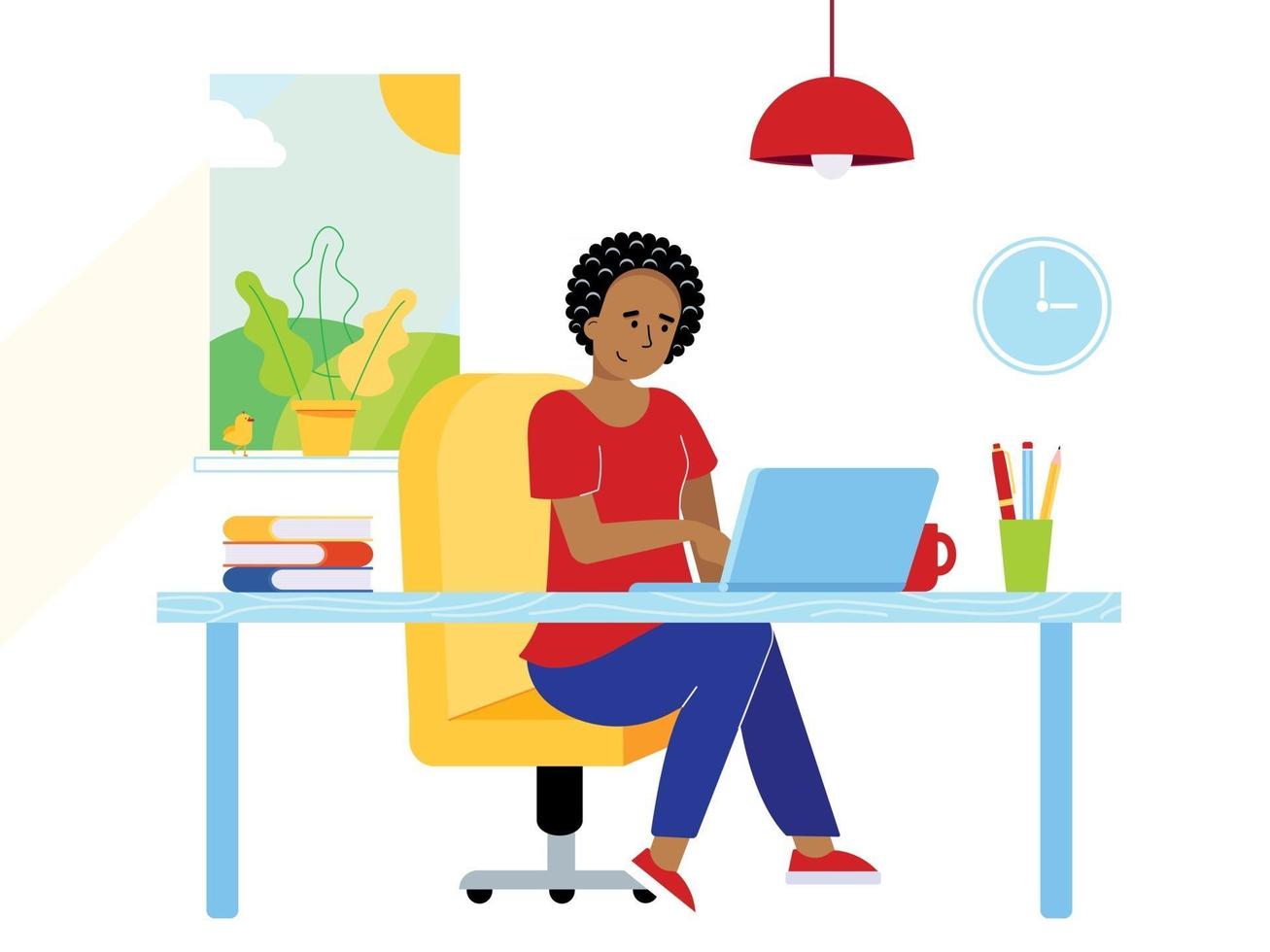 Freelance female girl businesswoman relaxing working on laptop at the home office. Woman, notebook, desk, books, pen, pencil, lamp, cup of coffee, window, clock flat style vector illustration isolated