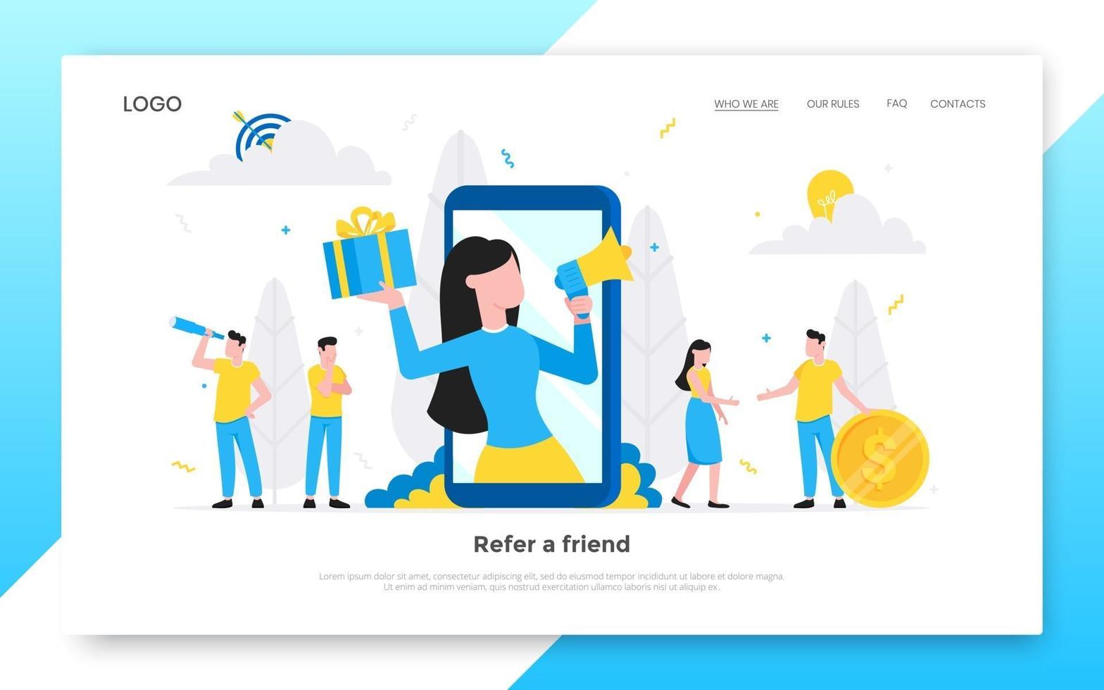 Refer a friend flat style design vector illustration landing page concept.