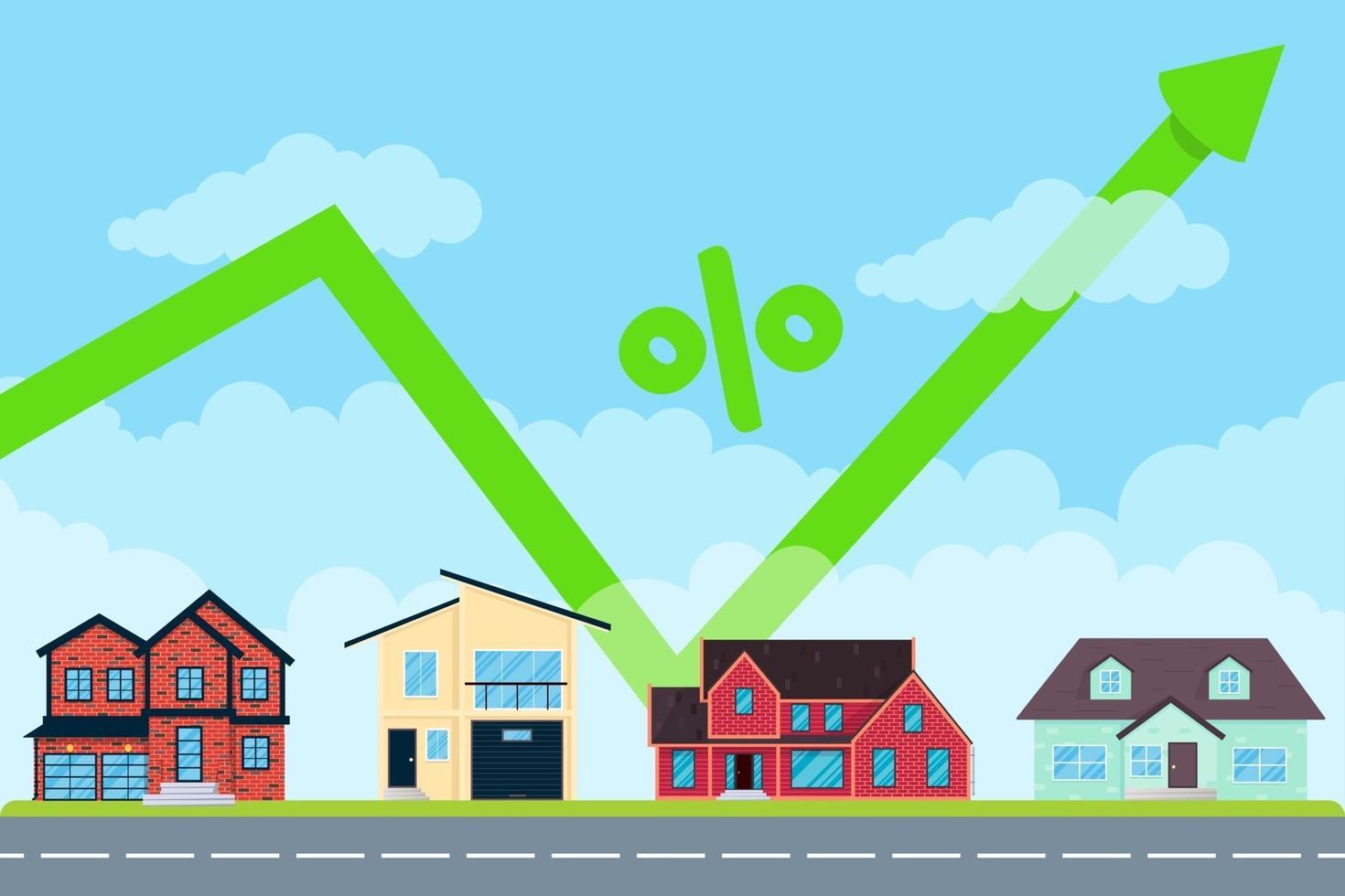 House price like arrow growth in the air for many. Good investment concept or big money price for buying new home. Various buildings set and arrow jumps up banner flat style vector illustration.