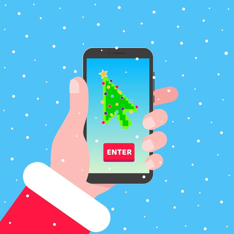 santa sostiene el teléfono con la flecha del puntero del cursor del árbol de Navidad en la pantalla. Invitación de diseño de estilo plano a la ilustración de vector de postal de evento de fiesta de Navidad o año nuevo aislado sobre fondo.