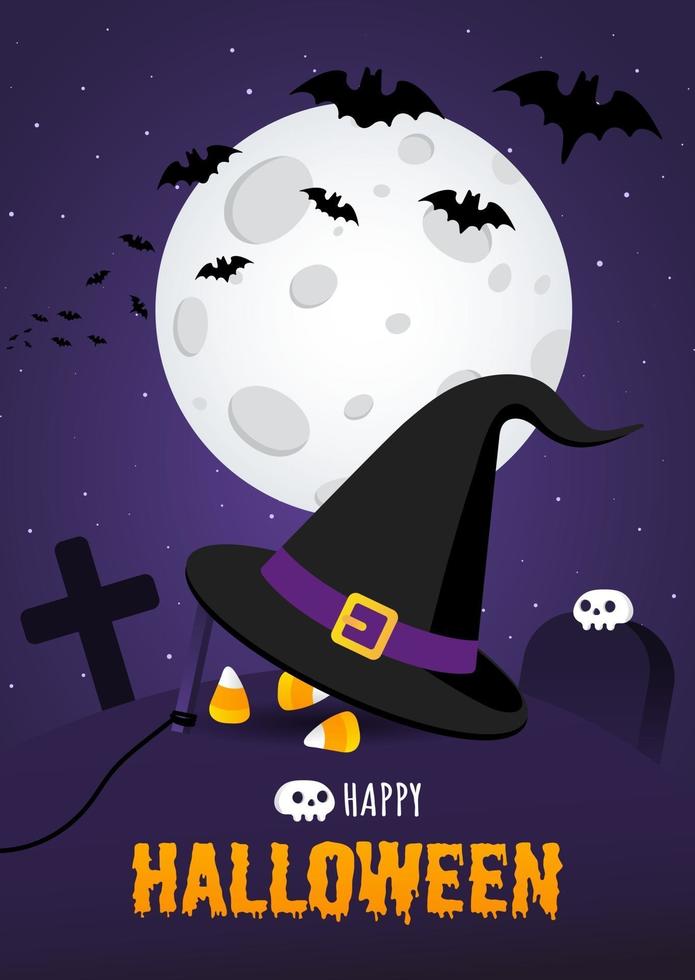 Happy halloween poster with big witch hat and candy on the grave vector