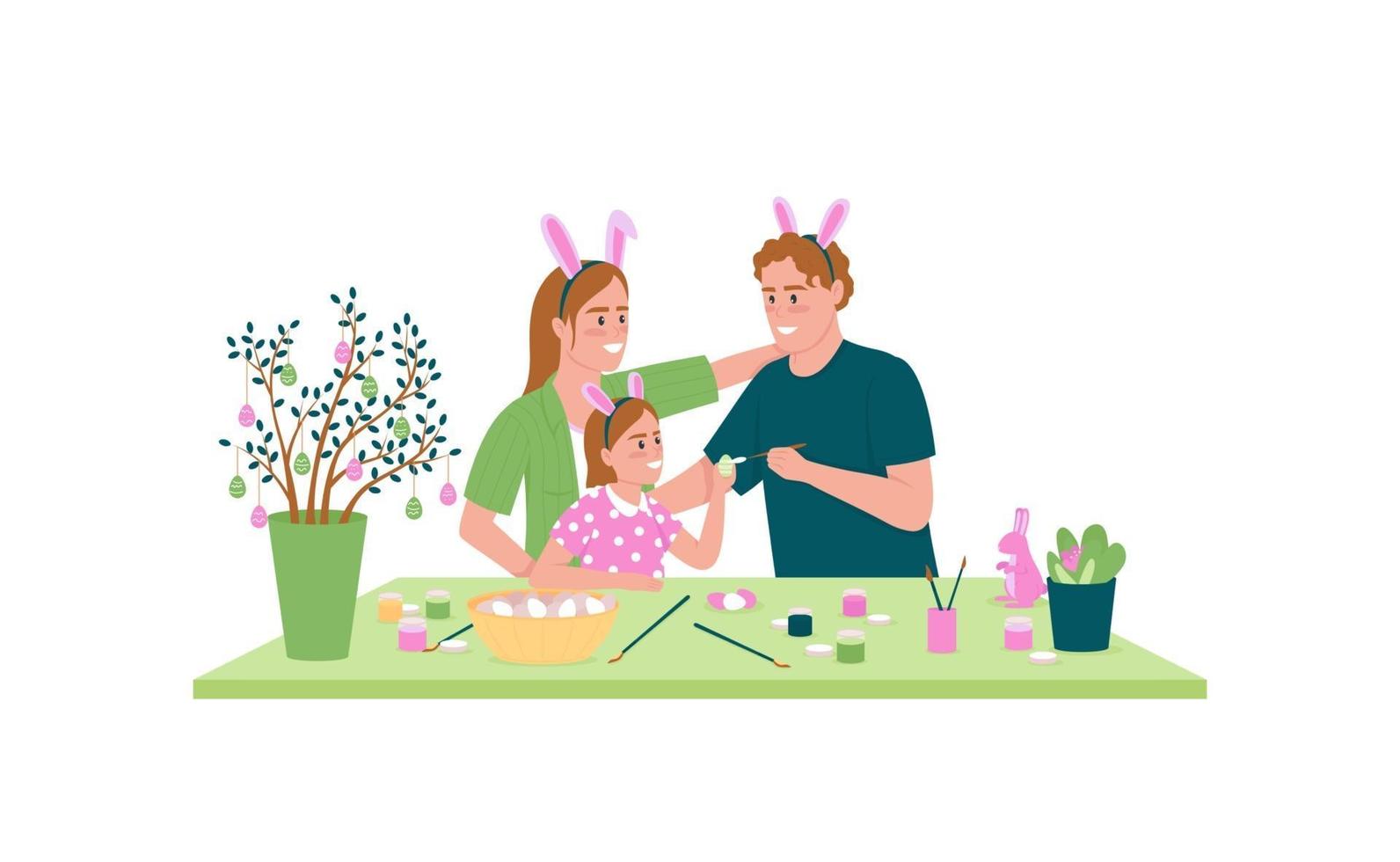 Happy family decorating easter eggs flat color vector detailed character