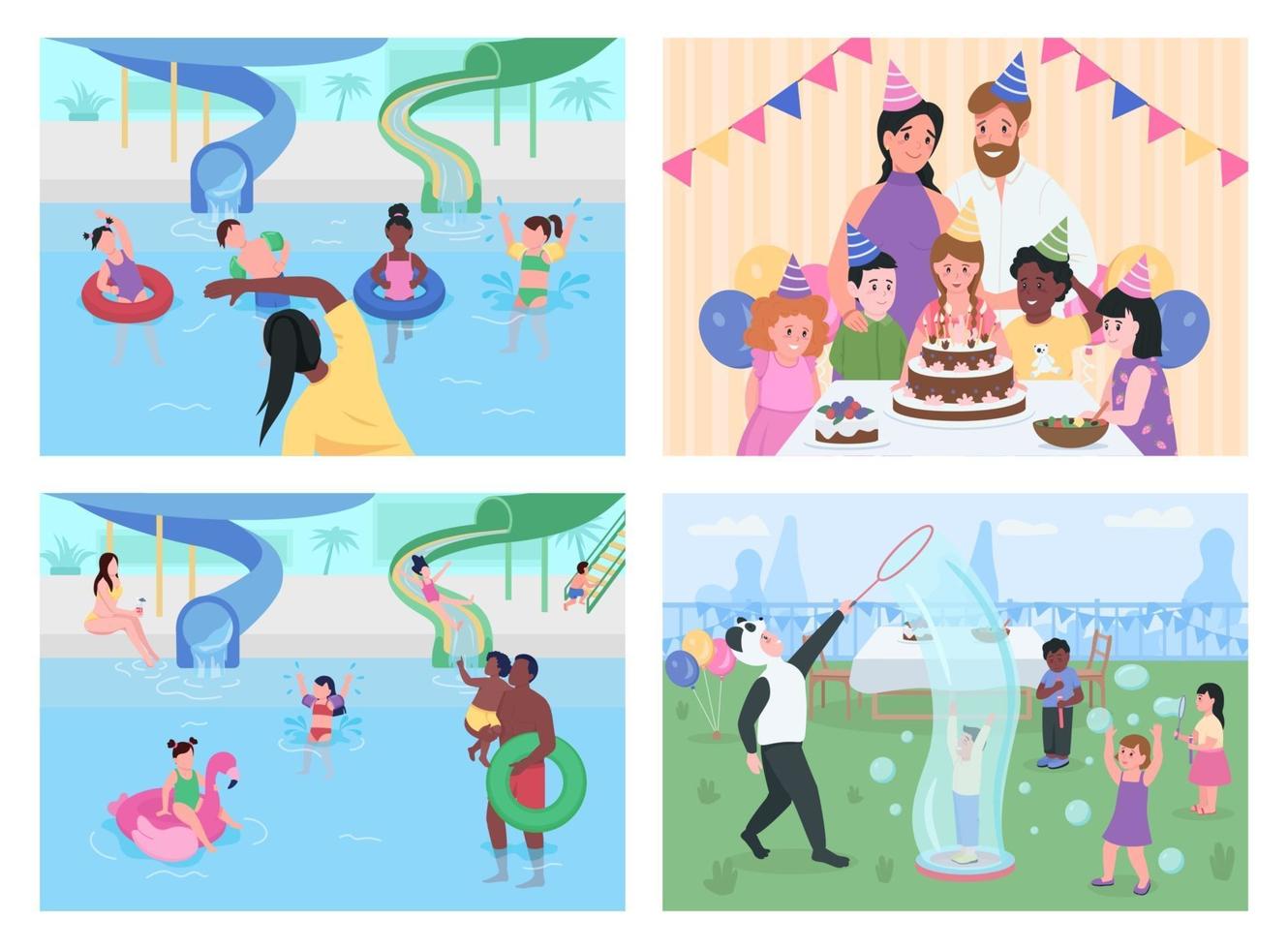 Party and entertainment for children flat color vector illustration set