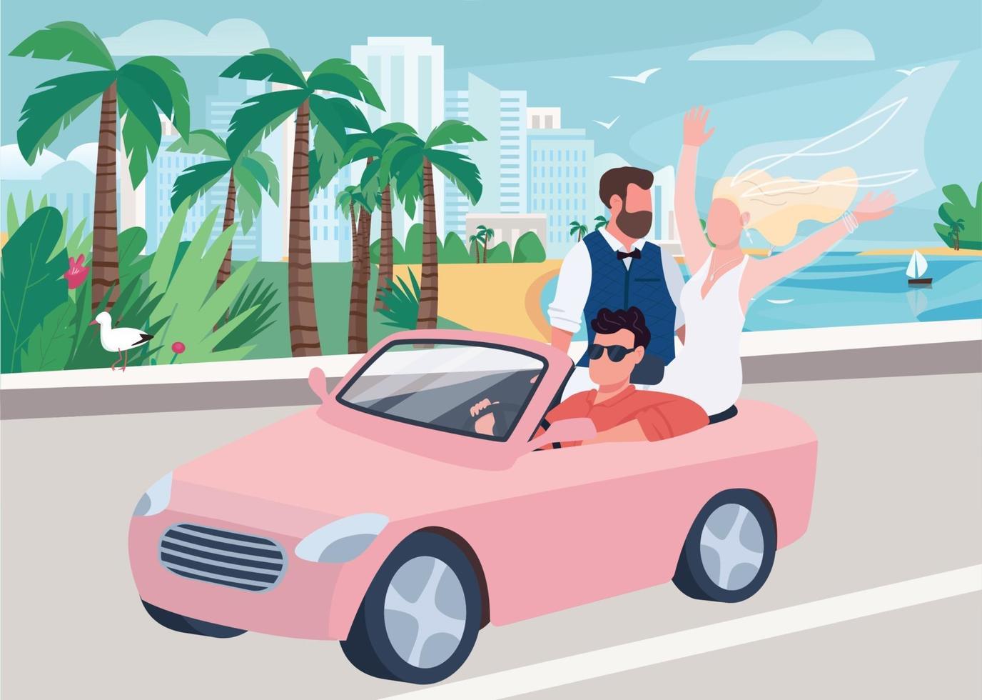 Newlywed riding car flat color vector illustration