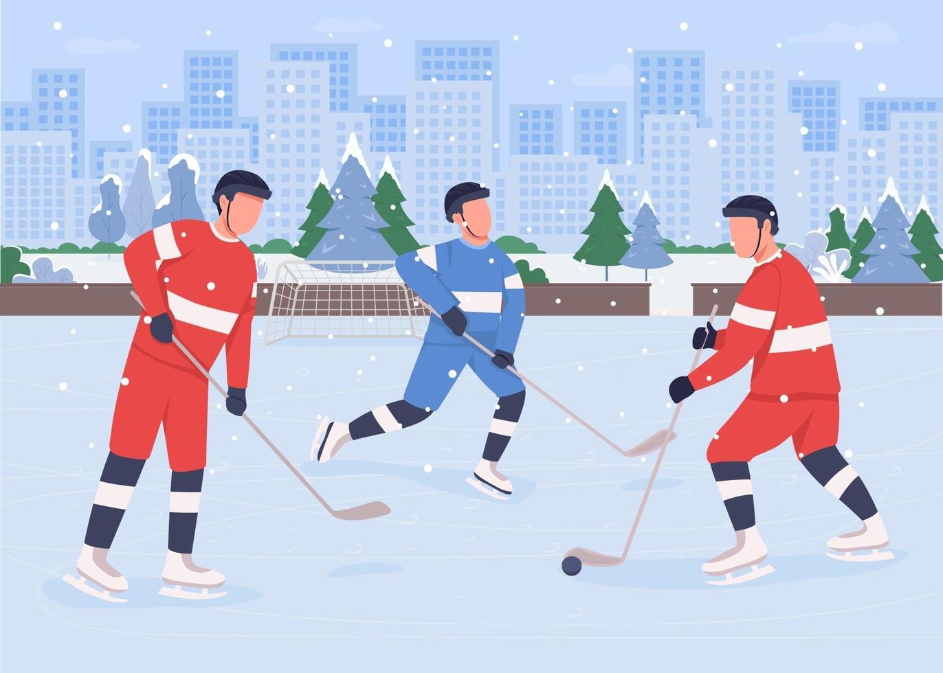 People playing hockey on ice rink flat color vector illustration