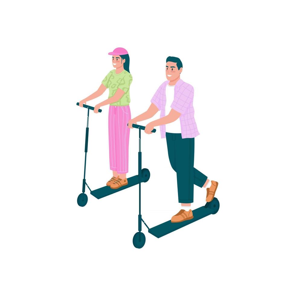 Happy man and woman riding electric scooters flat color vector detailed characters