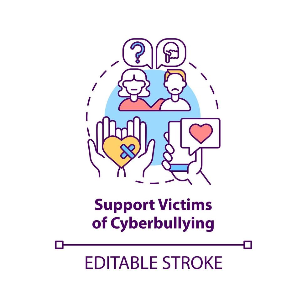 Supporting cyberbullying victims concept icon. Cyberbullying prevention idea thin line illustration. Boosting victim self-esteem, resilience. Vector isolated outline RGB color drawing. Editable stroke