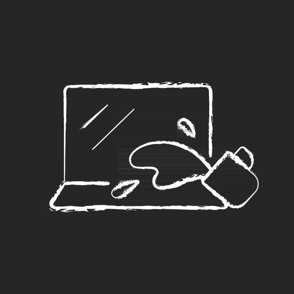 Water damage chalk white icon on black background. Drink spilled on keyboard. Office accident with electronics. Liquid on notebook. Wet laptop. Isolated vector chalkboard illustration