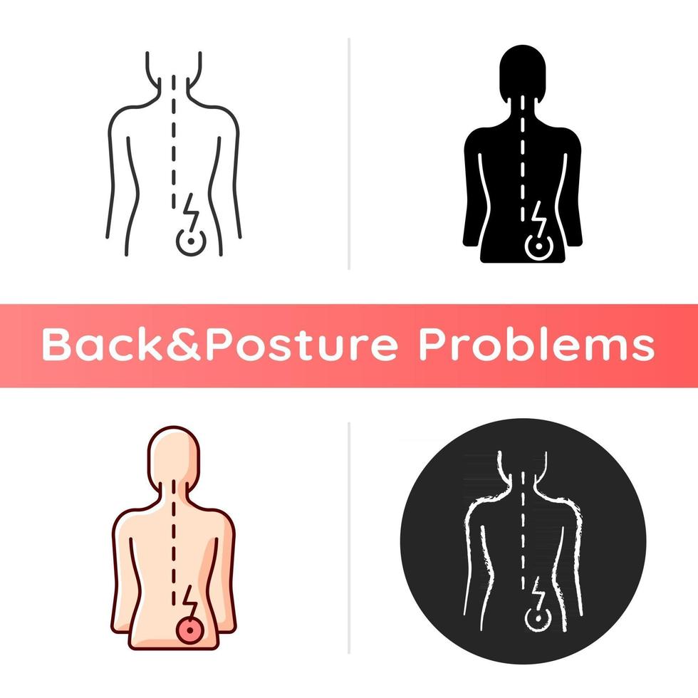 Lower right back pain icon. Sprains and strains. Muscle-related one-sided backache. Hip pain. Tenderness, swelling. Linear black and RGB color styles. Isolated vector illustrations