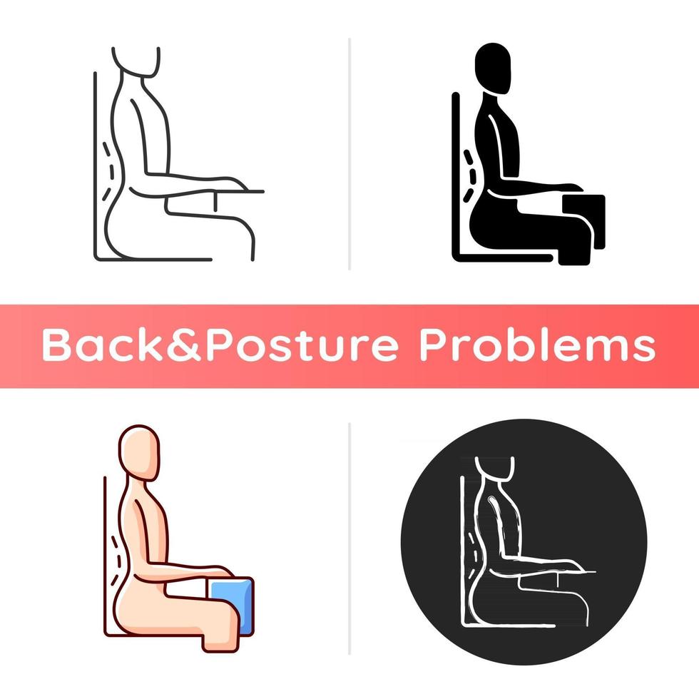 Unnatural sitting position icon. Increased lumbar lordosis posture. 90-degree angle chair. Abnormal inward curve. Muscles stress. Linear black and RGB color styles. Isolated vector illustrations