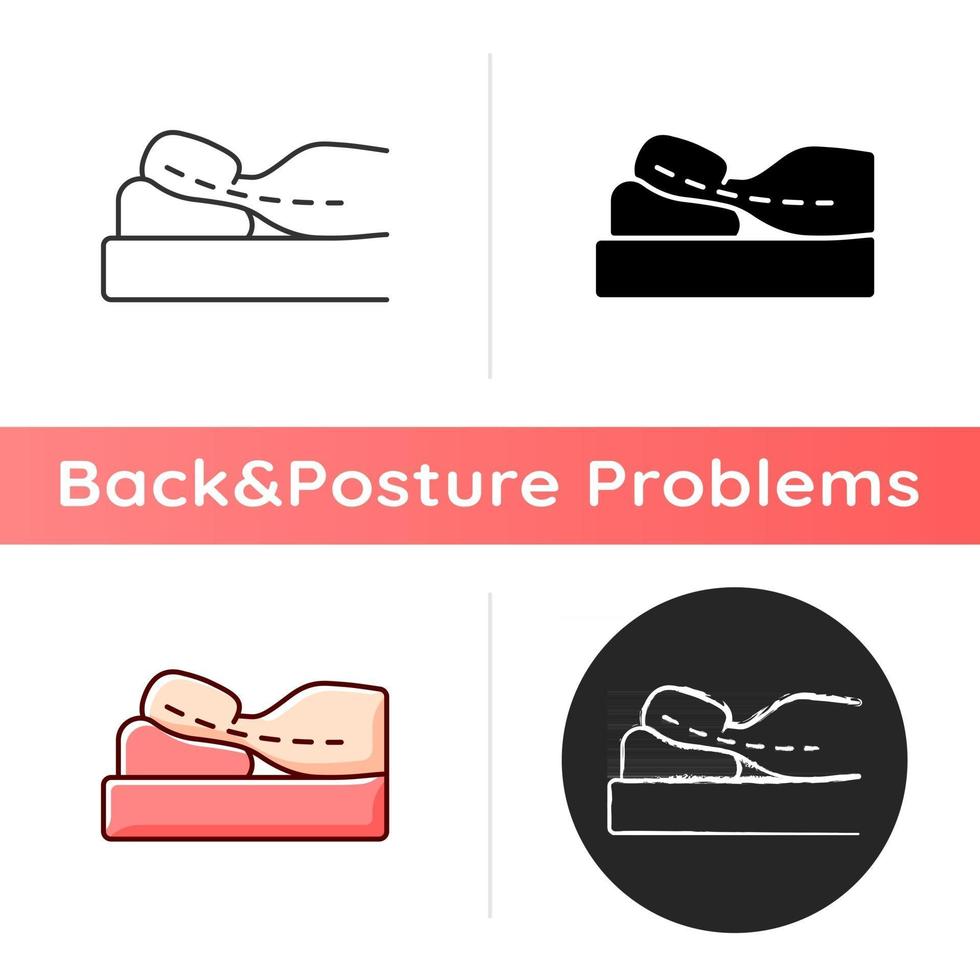 Sleeping with head elevated icon. Worsening chronic neck pain and stiffness. Scoliosis. Incorrect sleeping position. Nerve compression. Linear black and RGB color styles. Isolated vector illustrations